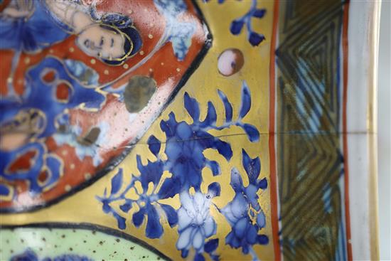 A large Chinese clobbered blue and white double gourd vase and cover, Kangxi period, H.42.5cm, cover repaired, crack to neck